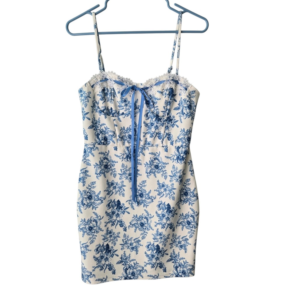 French Country, Cottage Blue White Floral Toile‎ Lace Mini Dress NWT Size L 8/10